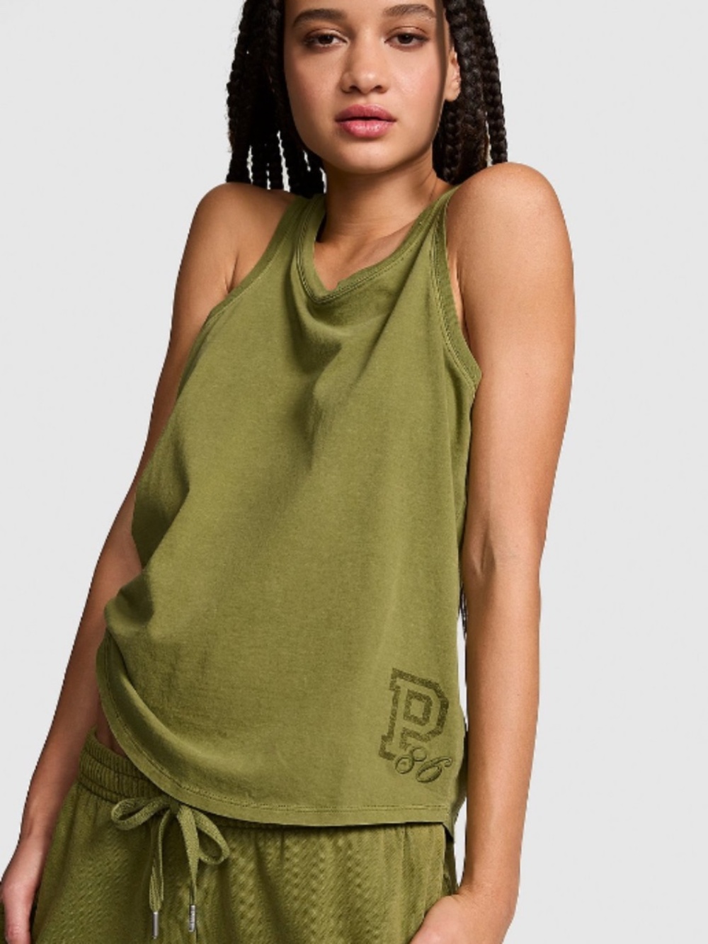 PINK Victoria’s Secret Campus Cotton Tank Olive Green SZ L NWT